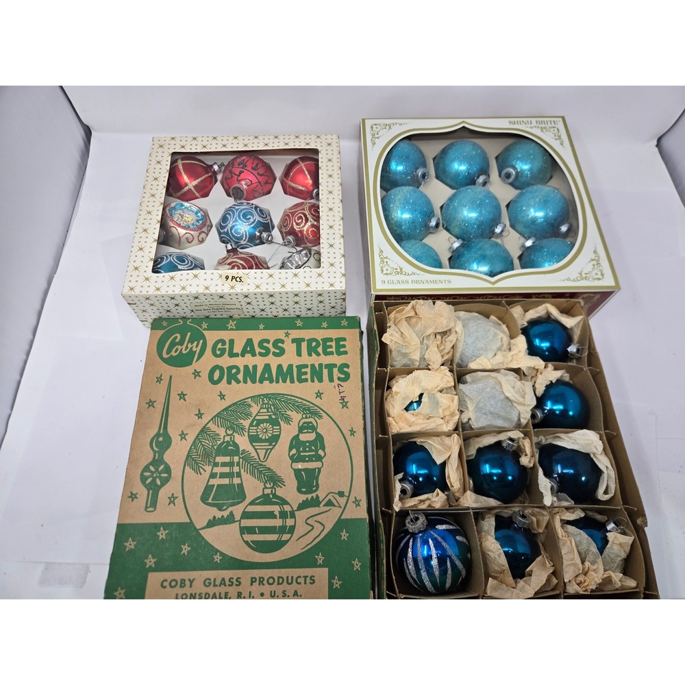 Vintage Shiny Brite Coby Glass Christmas Ornaments Lot Blue Red West Germany